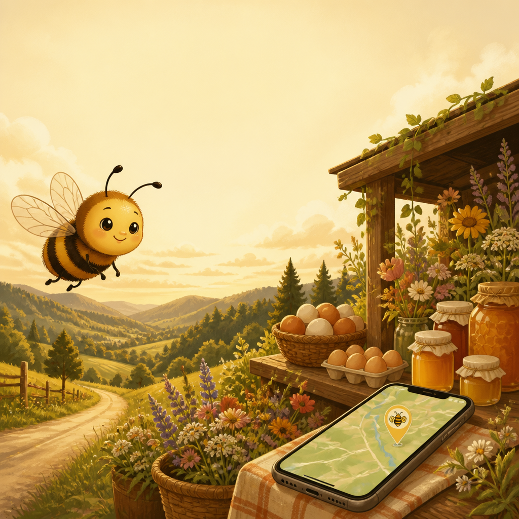 The Rogue Valley Farm Stands app: a friendly bee beside a roadside stand with fresh eggs, honey and flowers, next to a phone showing the stand map